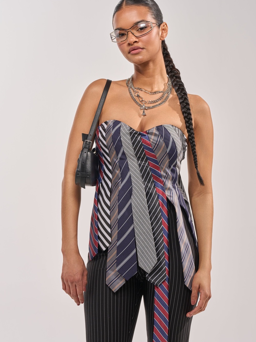 AKIRA strictly business Multi-Striped Tie-Detail Top in Navy, Red, Gray, Black